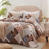 LEAONME 2 Pieces Twin Size Quilt Set Lightweight Brown Floral Bedspread 68x86 Inch Soft Patchwork Coverlet Warm Microfiber Bed Cover for All Seasons (1 Quilt,1 Pillow Sham) LEAONME
