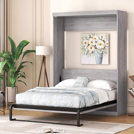 Ball & Cast Murphy Bed Full Size,Hideaway Beds Chest with Wardrobe,can be Folded,Wall Bedframe w/Wood Slat Support,No Box Spring Needed,for Bedroom Apartment,Grey Ball & Cast