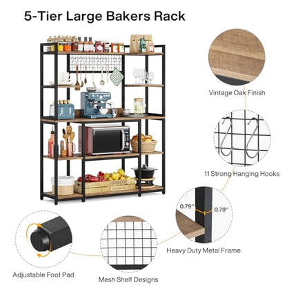 LITTLE TREE 5-Tier Kitchen Bakers Rack, 66.9" Tall Kitchen Hutch Microwave Stand with 11 Hooks, 55" Extra Wide Kitchen Storage Shelf Rack, Wood Baker's Rack for Kitchen, Light Brown and Black