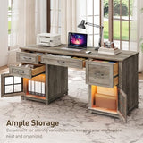 RALGEND 58" Farmhouse Executive Desk, Farmhouse Computer Desk with Drawers & File Cabinet, Wooden Home Office Desk with Power Outlet & LED Light, Workspace for Study Writing, Greige RALGEND