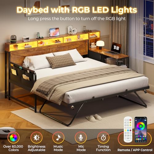 MSmask Daybed with Trundle, Twin Day Bed with 3 Storage Drawers and Shelves, Farmhouse Wooden Daybed Frame with Charging Station and LED Lights for Bedroom, Rustic Brown MSmask