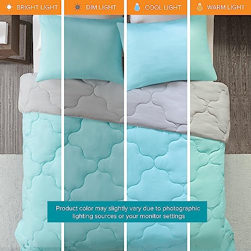 Comfort Spaces Vixie Reversible Comforter Set - Trendy Casual Geometric Quilted Cover, All Season Down Alternative Cozy Bedding, Matching Sham, Aqua/Gray, Full/Queen 3 piece Comfort Spaces