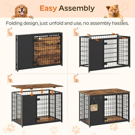 YATINEY Foldable Dog Crate Furniture, Dog Crate with DIY Frame, Heavy Duty Dog Kennel Indoor with Hooks, Wooden Dog Cage End Table, for Small/Medium Dogs, Rustic Brown and Black DC95BR YATINEY