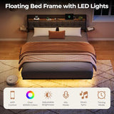 Salamir King Floating Bed Frame with LED & Charging Station, Ergonomic Upholstered Headboard with Folding Shelves Storage, Metal Slats Support, No Box Spring Needed, Easy Assembly, Noise-Free, Grey Salamir