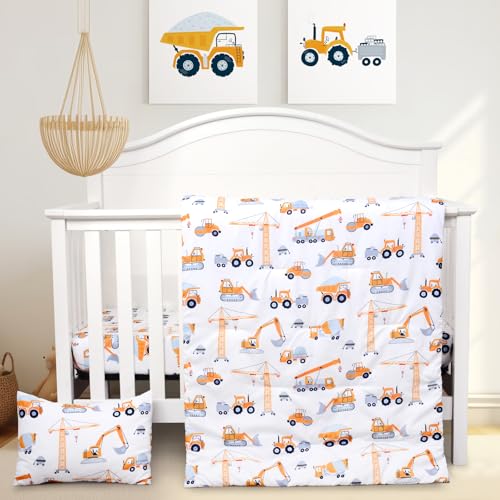 JISEN 3 Piece Crib Bedding Set Soft Baby Crib Bedding Set Construction Trucks Crib Comforter Set - Comforter Sheet Pillowcase Nursery Bedding Sets for Baby Girls or Boys JISEN
