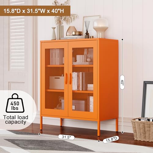Chshin Metal Locker Storage Cabinet with 2 Mesh Doors and Adjustable Shelves,Orange Metal Locker Cabinets,Coffee Bar Cabinet,Kitchen Pantry Storage Cabinets for Home,Sideboard,Office(40" H) Chshin