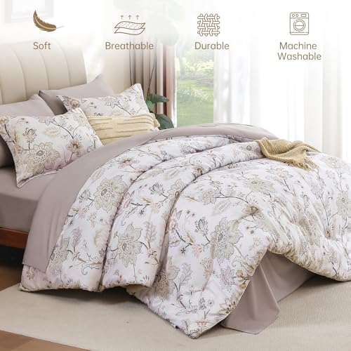 Luxudecor Floral Comforter Set King Size 7 Pieces Bed in a Bag, Beige Paisley Flower Bed Set, Soft Lightweight Comforter with Sheet Set 104"x90" Luxudecor