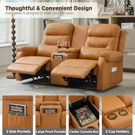 MANBUR RV Reclining Loveseat Sofa with Console, Wall Hugger Recliner Sofa, Double Recliner Home Movie Theater Seating with Cup Holders & Storage (Faux Leather Orange) MANBUR
