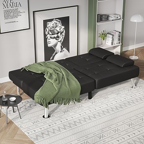 Flamaker Futon Sofa Bed Modern Folding Futon Set Convertible Recliner Lounge for Living Room with 2 Cup Holders, Removable Armrests (PU Leather, Black)