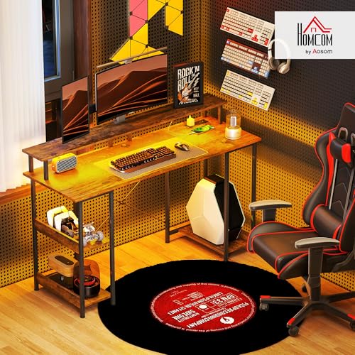 HOMCOM 55" Gaming Desk with Power Outlets and LED Lights, Reversible Computer Desk with Monitor Stand and 2-Tier Storage Shelves, Cable Management, for Home Office, Rustic Brown HOMCOM