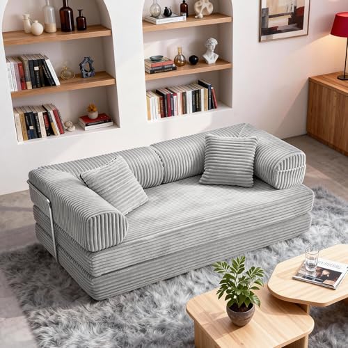 TuckMoMo 76.77 Inch Convertible Sofa Bed, Modern Corduroy Futon Boneless Couches Lounge Loveseat with Side Storage Pocket, Pull Out Sofa Bed for Living Room, Bedroom, No Assembly Required, Grey TuckMoMo
