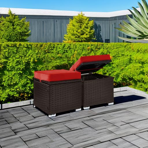 Best Choice Products Set of 2 Wicker Ottomans, Multipurpose Outdoor Furniture for Patio, Backyard, Additional Seating, Footrest, Side Table w/Storage, Removable Cushions - Red/Brown Best Choice Products