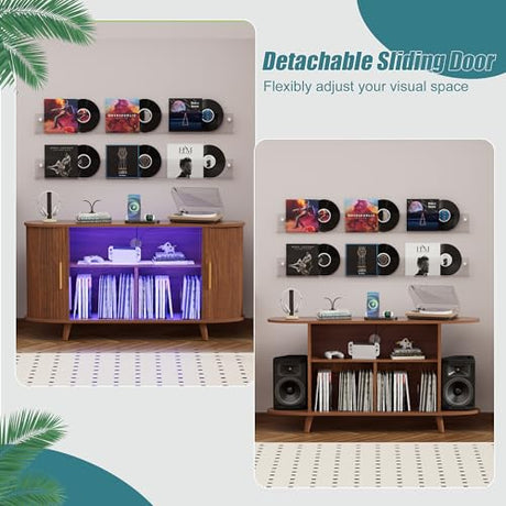 YKVIQBY Large Record Player Stand with LED Lights, Vinyl Record Storage with Charging Station & USB Ports, Record Player Cabinet for Living Room(Natural, 55in) (Walnut, 55in) YKVIQBY