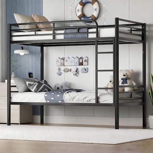 PVWIIK Bunk Bed Twin Over Twin with Guardrail for Dormitory,Living Room,Bedroom,Multifunctional Bed Frame w/Space Saving Design & Ladder,Black PVWIIK