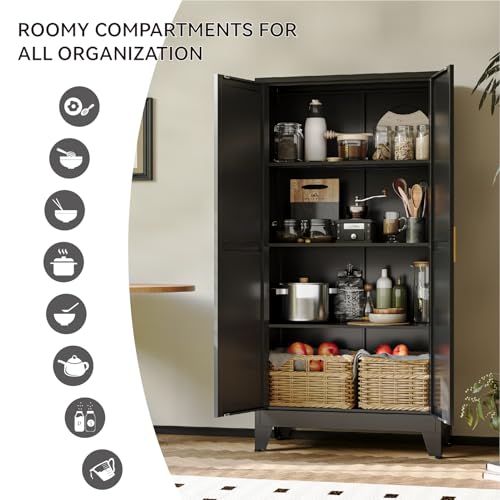 COFaR 61" Metal Pantry Cabinet in Black, Modern Storage Cabinet with Adjustable Shelves, Sturdy Metal Cupboard for Kitchen, Office, Living Room & Bathroom Organization COFaR