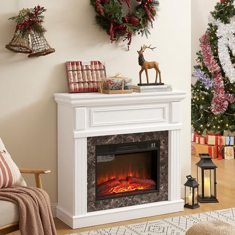 TRJQBCC 41" Electric Fireplace with Mantel, Freestanding TV Stand w/ 23" Fireplace Insert, 1400W Electric Fireplace Heater, Realistic Stacked Stone Surround & 3D Analog Flamefor Living Room(White) TRJQBCC