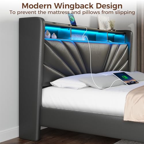 Rolanstar Full Size Bed Frame, Storage Headboard with Charging Station and LED Lights, Upholstered Bed with Heavy Duty Wood Slats, No Box Spring Needed, Noise Free, Easy Assembly, Black Rolanstar