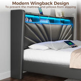 Rolanstar Full Size Bed Frame, Storage Headboard with Charging Station and LED Lights, Upholstered Bed with Heavy Duty Wood Slats, No Box Spring Needed, Noise Free, Easy Assembly, Black Rolanstar