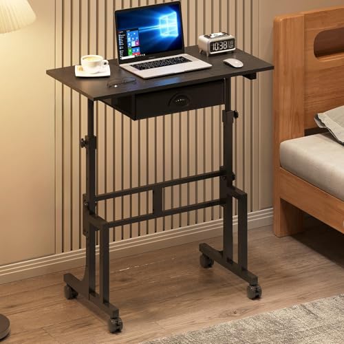 Adjustable Height Standing Desk With Drawer, Rolling Sit Stand Up Desk With Wheels, Small Sit To Stand Computer Desk, Adjustable Desktop Height, On Wheels, Black, For Walking Pad Laptop Treadmill Cidaziya