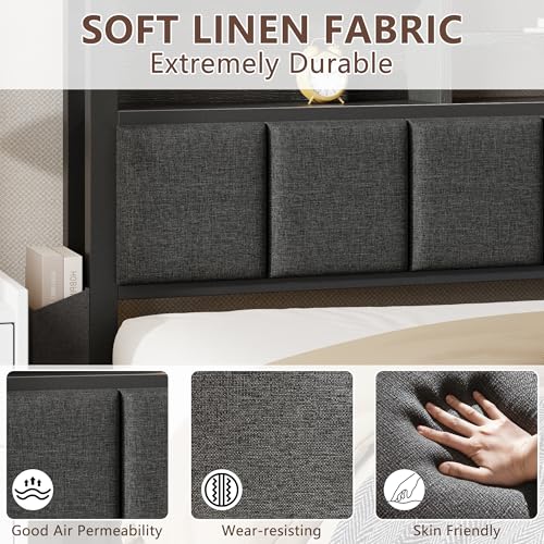 Furnulem King Bed Frame with Wood Headboard & Storage Drawers, Metal Platform Bed Frames King Size with LED Lights, Built in Charging Station, No Box Spring Needed, No Noise, Easy Assembly, Black Furnulem