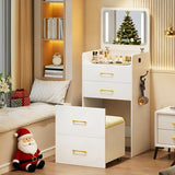 HNEBC 3 in 1 Vanity Desk with Plip Top LED Mirror,Small Dressing Table Set with Visible Glass Desktop,Compact Vanity with 3 Drawers,Storage Compartment and Padded Stool,for Bedroom(White) HNEBC