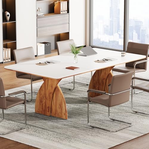 Tribesigns 70.87-Inch Conference Table for 6-8 People, 6 ft Meeting Table with Crossed Legs, Industrial Business Training Desk for Office Conference, Meeting Room (White & Brown) Tribesigns