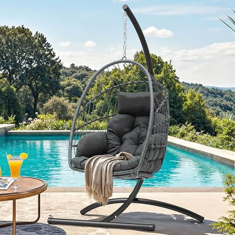 YITAHOME Hanging Egg Chair, Outdoor Patio Wicker Hammock Egg Chair Indoor with Cushion, Rattan Swing Chair 300lbs for Balcony, Garden Bedroom, Gray with Stand YITAHOME