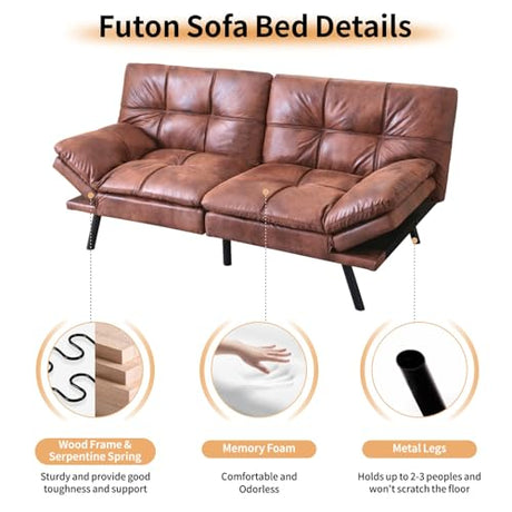 MUUEGM 71" Convertible Futon Sofa Bed, Adjustable Backrest & Armrest Couch, Comfortable Sleeper Loveseat with Faux Leather, Ideal for Small Space Living Room, Apartment, Office, Brown MUUEGM