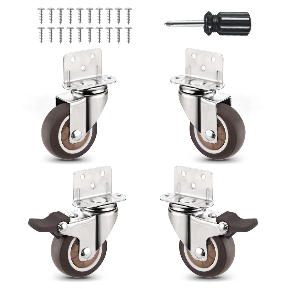 Heavy Duty Casters Set of 4 with Brake,L-Shape Side Mount TPR Plate Caster Wheels Replacement for Baby Bed, Carts Trolley, Kitchen Cabinet, Furniture, Table, Loading Capacity 240 Lbs (2” L-Shape) Molen
