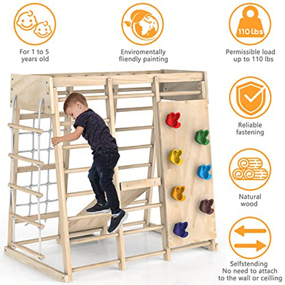 Indoor Jungle Gym, Toddler Climbing Toys Indoor, Indoor Playground Climbing Toys for Toddlers, Climber Playset with Slide, Climbing Rock/Net, Monkey Bars, Drawing Board, Abacus Game and Swing