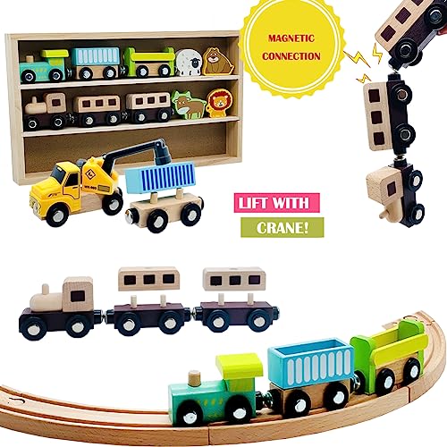 Wooden Trains Cars with Crane Magnetic Train 10pcs Wooden Train Toys with Animals for Wooden Train Tracks Train Sets for Toddlers and Kids Ages 3+ - WoodArtSupply