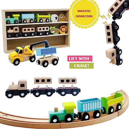 Wooden Trains Cars with Crane Magnetic Train 10pcs Wooden Train Toys with Animals for Wooden Train Tracks Train Sets for Toddlers and Kids Ages 3+ - WoodArtSupply