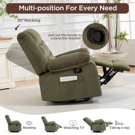 360° Swivel Rocker Recliner Chair for Adults, Nursery Manual Reclining Chair with Arms and Back, Upholstered Glider Rocking with Side Pockets for Living Room, Bedroom Nursing use, Corduroy, Green FiveWillowise