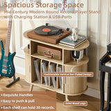 LELELINKY Large Round Record Player Stand with Charging Station & Fluted Display Shelf, Natural Mid Century Modern Turntable Cabinet with Vinyl Storage, Arched Wood Record Player Table for Living Room LELELINKY