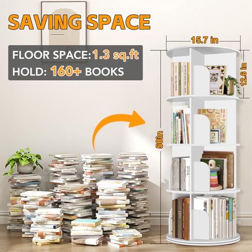 RUNSUNSPRI 4 Tier Rotating Bookshelf Tower, Spinning Bookshelf, Revolving 360° Bookcase Storage Round Carousel, Vertical Rotate Turning Spiral Corner Organizer Lazy Susan, White RUNSUNSPRI