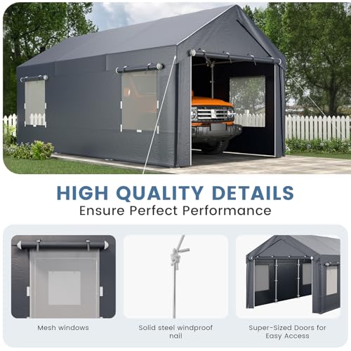 EROMMY Carport, 10' x 20' Heavy Duty Carport with Roll-up Windows，Portable Garage with Removable Sidewalls, Car Canopy with All-Season Tarp and Sandbags for Truck, Tractor, Boat, Gray EROMMY