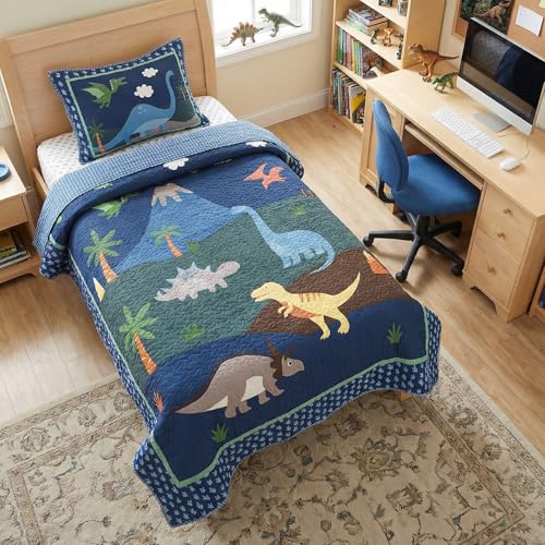Soul & Lane Dinosaur Quilt Set – Twin and 1 Sham, Kids Dinosaur Bedding for Boys, Toddler Twin Comforter and Dino Bedspread, Reversible T-Rex Bedding with Blue Check Pattern, Dino Delight Soul & Lane