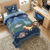 Soul & Lane Dinosaur Quilt Set – Twin and 1 Sham, Kids Dinosaur Bedding for Boys, Toddler Twin Comforter and Dino Bedspread, Reversible T-Rex Bedding with Blue Check Pattern, Dino Delight Soul & Lane