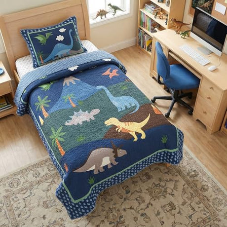 Soul & Lane Dinosaur Quilt Set – Twin and 1 Sham, Kids Dinosaur Bedding for Boys, Toddler Twin Comforter and Dino Bedspread, Reversible T-Rex Bedding with Blue Check Pattern, Dino Delight Soul & Lane