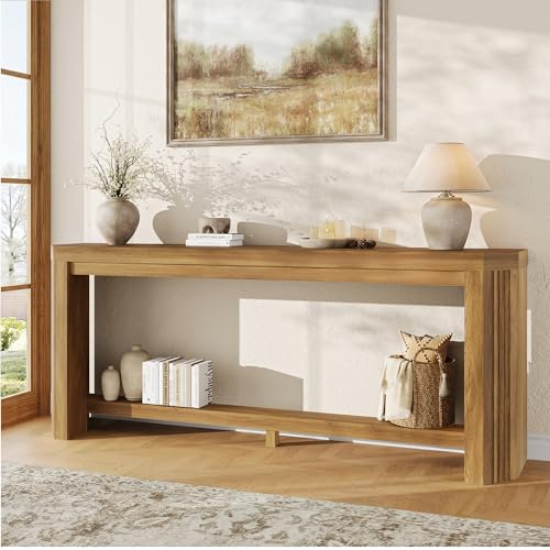 AMBERHAUS 70" Console Table for Entryway, Narrow Long Sofa Table Behind Couch, Wood Couch Table with Open Storage, Easy Assembly Entryway Table for Living Room, Hallway, Foyer, Couch, Light Brown AMBERHAUS