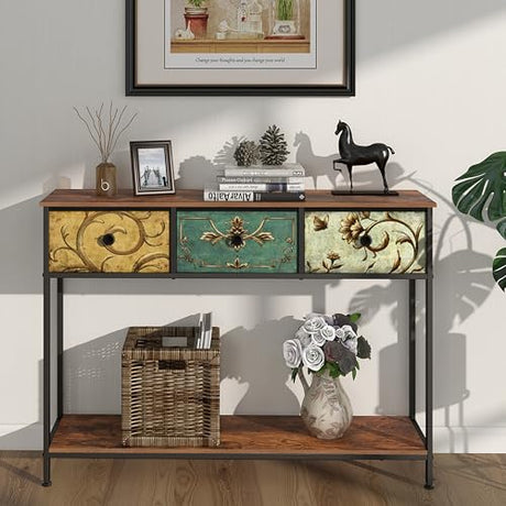 Tohomeor Entryway Console Table with 3 Retro Flowers Fabric Drawers Boho Narrow Long Behind Couch Sofa Table with Bottom Open Storage Shelf for Hallway Living Room Foyer (Rustic Brown, 3 Drawers) Tohomeor