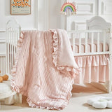 3 Pieces Tufted Stripes Crib Bedding Set with Ruffle Fringe, Pink Ruffled Comforter with Fitted Sheet and Bed Skirt , Soft and Embroidery Shabby Chic Boho Bohemian Jacquard Design for Baby Girls Boys Flysheep