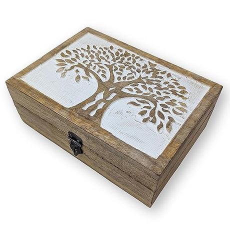 Farmhouse World Handmade Wooden Box – Vintage Wood Storage Box with Hinged Lid – Trinket Jewelry Keepsake Decorative Organizer Boxes with Lids – Beautiful Song Birds Hand Carved Design (Tree of Life) Farmhouse World