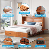 Mjkone Murphy Bed Queen Size, Cabinet Beds with Mattress, Adult Guest Bed with 2 Large Drawer and USB Port & Bedside Panel, Multifunctional Murphy Cabinet Beds for Bedroom/Living Room - Cherry Mjkone