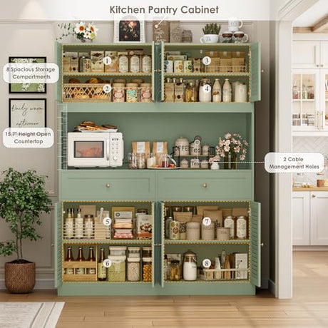 HIFIT 71" Hx55''W Large Kitchen Hutch Storage Cabinet, Farmhouse Coffee Bar Hutch with Microwave Stand, Tall Kitchen Pantry Cabinet with Louvered Doors, 2 Cable Holes, 2 Drawers, Green HIFIT