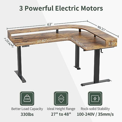 FEZIBO Triple Motor L Shaped Stadning Desk with LED Strip & Power Outrlets，63 inches Height Adjustable Stand up Corner Desk with Ergonomic Monitor Stand, Black Frame/Rustic Brown Top - WoodArtSupply