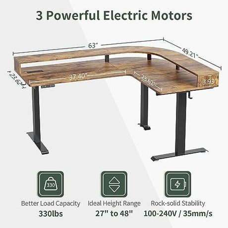 FEZIBO Triple Motor L Shaped Stadning Desk with LED Strip & Power Outrlets，63 inches Height Adjustable Stand up Corner Desk with Ergonomic Monitor Stand, Black Frame/Rustic Brown Top FEZIBO