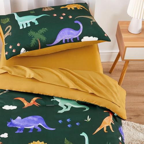 Wake In Cloud - Toddler Bedding Set for Boys, 4 Pieces Soft Crib Bed Set Including Comforter, Fitted Sheet, Flat Top Sheet and Pillowcase, Colorful Jurassic Dinosaur Volcano, Dark Green Wake In Cloud
