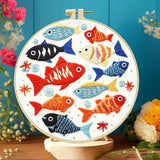 Zhenqing Colorful Fish Embroidery Kit for Beginners - Complete Set with Pre-Printed 29x29cm Cotton Fabric, Hoop, Threads & Tools (C0059)