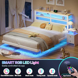 kozfrn Floating Bed Frame Full Size with Storage Headboard,Modern Metal Platform with Smart LED Lights and Charging Station,Metal Slat Support,No Box Spring,Easy Assembly,Noise-Free,White kozfrn
